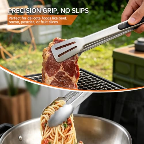 Grill Tongs,Metal Tongs,16 & 12 Inch Heavy Duty Extra Long Stainless Steel Locking Kitchen Tongs,Integrated Tongs‑Spatula Design，Perfect for Cooking, Grilling, Barbecue/BBQ, Buffet, Set of 2