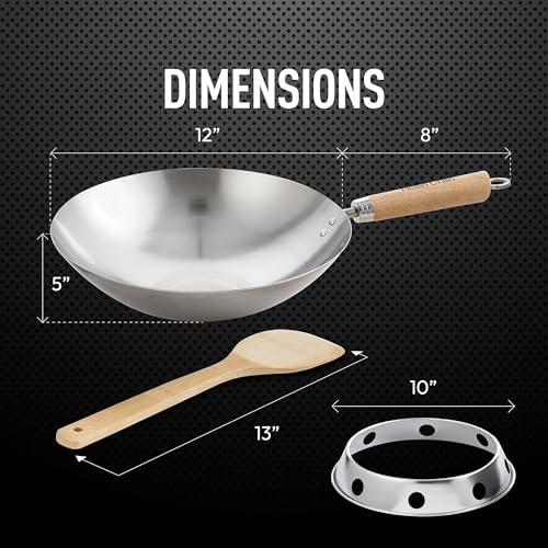 Helen's Asian Kitchen Carbon Steel 4-Piece Wok Set, 12-Inch Round Bottom Wok