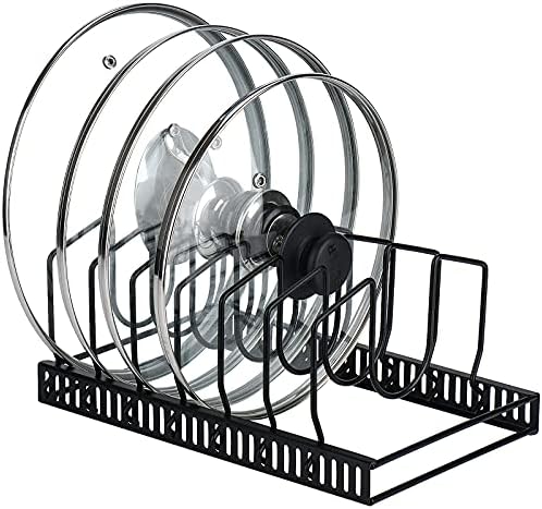 Toplife Pot Lids Organizer Rack for Cabinet and Countertop, 7+ Pan Lids and Bakeware Organizer Rack Holder with 7 Adjustable Compartments - Black