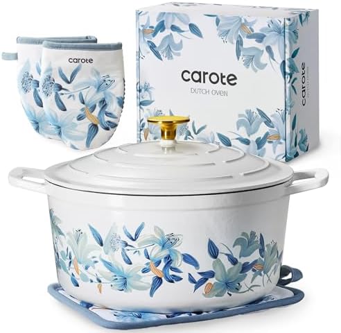 CAROTE 7QT Enameled Cast Iron Dutch Oven Pot with Lid, White & Blue