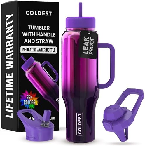 Coldest Tumbler with Handle and Straw - 100% Spill Proof Tumbler with Straw (3 Lids) - Stainless Steel Insulated Leakproof Tumblers for Women & Men - Cup Holder Friendly - 46 oz (Purple Nova)