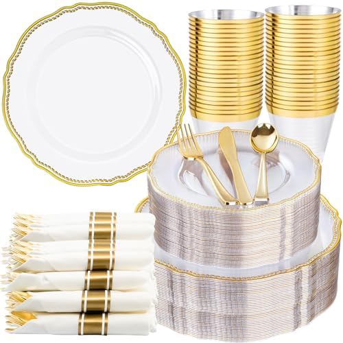 Hioasis 350 Pcs Clear Gold Plastic Plates for Wedding & Party