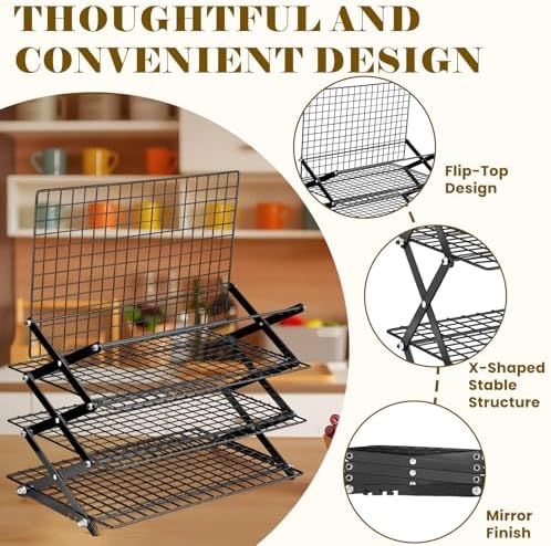 BEWOS 4 Tier Collapsible Cooling Rack - Adjustable Black Stainless Steel Baking Rack with Mesh Leak Proof, Foldable X-Shaped Structure Cooling Racks for Cooking and Baking, Dishwasher Safe