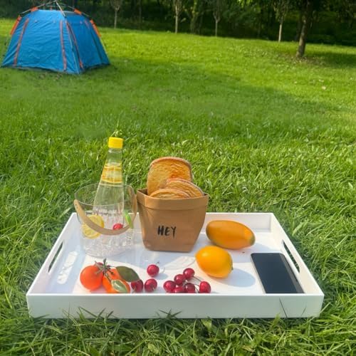 KEVLANG Glossy White Sturdy Acrylic Serving Tray with Handles-12x20 Inch-Serving Coffee Appetizer Breakfast-Kitchen Countertop Makeup Drawer Organizer-Vanity Table Ottoman Decorative Tray