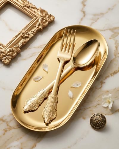 BUCLA 200 Piece Gold Plastic Silverware - Baroque Style Gold Plastic Forks and Spoons - 100 Forks and 100 Spoons for Weddings, Parties & Thanksgiving