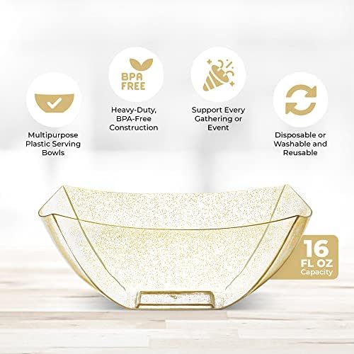 4 Pack Disposable Gold Plastic Serving Bowls Square Party Candy Use 16oz