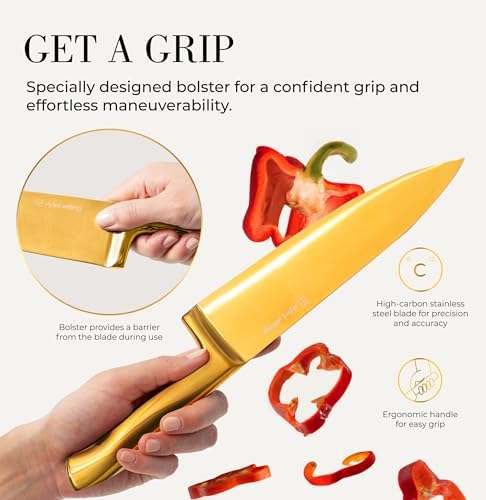 Styled Settings Gold Knife Set with Block and Built-In Sharpener, 14-Piece