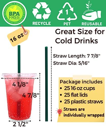 Aatriet 16 oz Clear Plastic Cups with Lids and Straws, Disposable Coffee Cups 25 Sets
