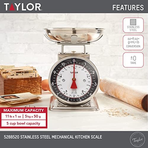 Taylor Mechanical Kitchen Food Scale with Bowl, Weighs Up to 11lbs, Measures in Grams and Ounces, Analog Cooking Scale for Baking, Black and Silver (Pack of 2)