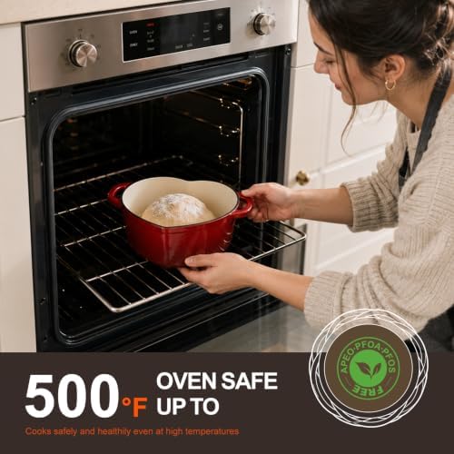 Overmont Enameled Cast Iron Dutch Oven - 2QT Heart-Shaped Mini Pot with Lid