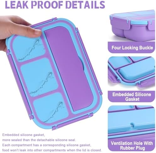 shell and turtle Bento Box for Kids Girls Boys, Bento Box Adult Lunch Box with 4 Compartments, Lunch Containers with Utensils, Sauce Jar, Muffin Liners for School, 40 Oz/5 Cup, Purple