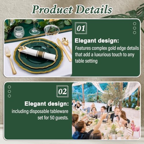 Hioasis 350 Pcs Green Gold Plastic Plates Wedding & Party