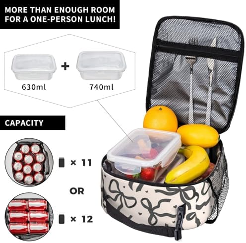 Black Bow Tie Insulated Lunch Box for Kids, Small Cooler Lunch Bag lunchbox for School, Toddler Lunch Box for Girls, Waterproof Durable Portable Lunch Tote Bag Food Container for Travel Picnic Work