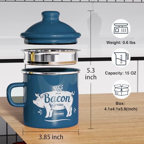 Bacon Grease Container with Strainer-15OZ Enamel Saver, Dishwasher Safe