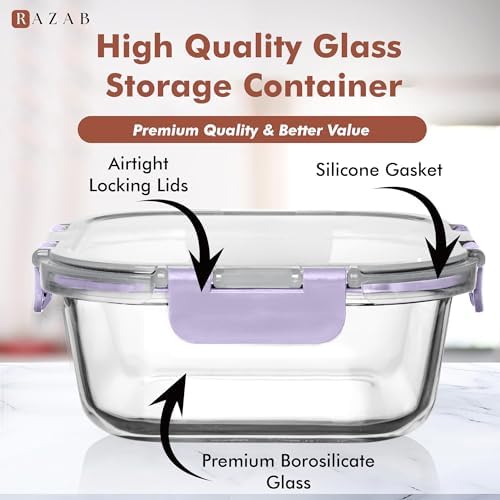 Razab 2 PC 1200ML / 41 Oz Glass Food Storage Containers with Lids - Airtight & Leakproof - Microwave/Oven/Freezer Safe - BPA Free - Ideal for Meal Prep, Storing Leftover & Lunch