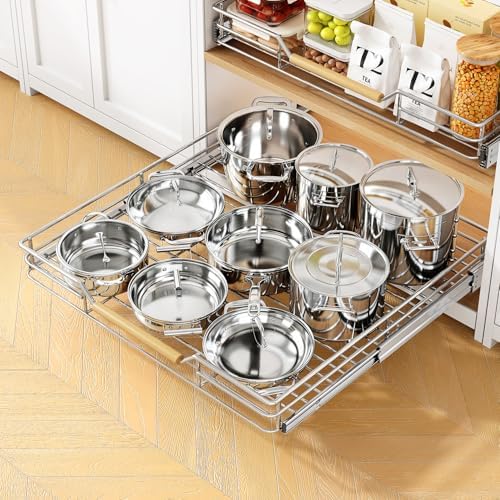 Pull out Cabinet Organizer, 21"W X 21"D, Heavy Duty Smooth Sliding Under Cabinet Shelves for Pots and Pans, Full-Extension Roll out Drawers, Slide out Organization for Home Kitchen Pantry