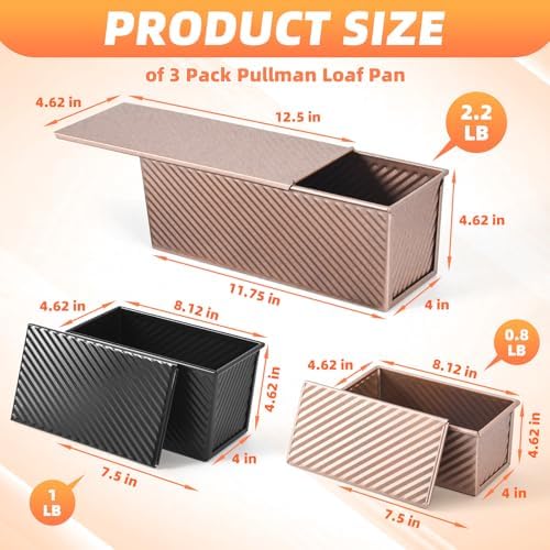 3 PCS Pullman Loaf Pan with Lid, 2.2 lb & 1 lb & 0.8 lb Dough Capacity, Nonstick Carbon Steel Sandwich Bread Pans with Covers for Homemade Sourdough Baking