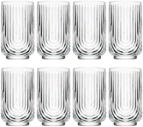 Glaver's Drinking Glasses Set of 8. 17oz Vintage Drinking Cups. Ripple Cocktail Glasses, Ribbed Drinking Highball Glass Cups. Arch Designed Art Deco Glassware for Water Juice Coffee. Package may Vary