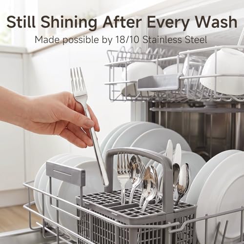 KINGSTONE 65 Piece Silverware Set with Serving utensils, Flatware Set for 12, 18/10 Stainless Steel Cutlery Set Mirror Polished Modern Design Dishwasher Safe
