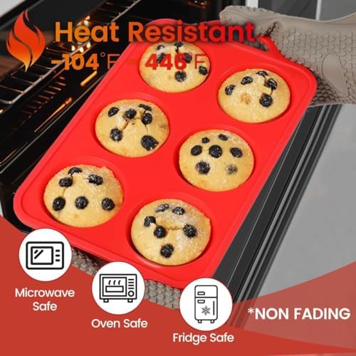 CAKETIME Large Muffin Pan Jumbo, Metal Reinforced Frame 3.5 Inch Large Silicone Cupcake Pan 6 Cup Jumbo Muffin Tin for Baking Easy to Handle