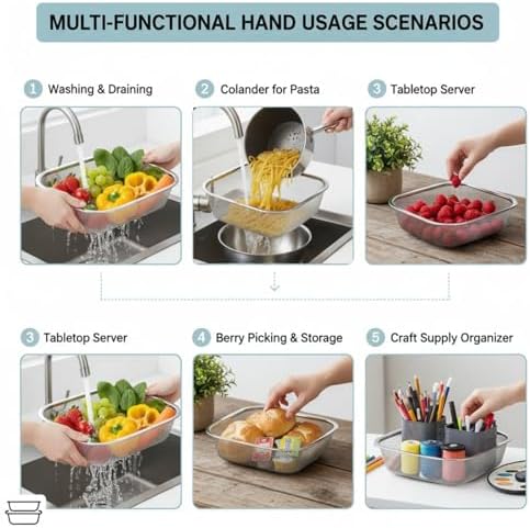 18/8 Stainless Steel Colander Strainer for Kitchen, Rectangular Colander for Pasta, Vegetables, Fruits, Rustproof & Dishwasher Safe (8.27 x 6.69 x 2.17 inch)