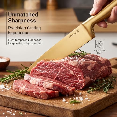 McCook® Kitchen Knife Sets, Golden Titanium Stainless Steel Knives Block Set with Built-in Sharpener, 20 Piece Knives, Restaurant Grade Sharp, Elegant Gold & Stylish Wooden Block for Modern Culinary