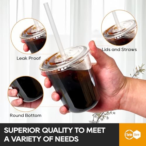 Turbo Bee Disposable Plastic Cups with Lids and Straws, 12 OZ, 50 Pack