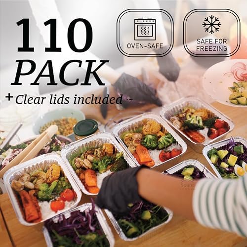 110 Pack - Small Aluminum Pans with Plastic Lids 1LB Disposable Baking Foil Containers, Takeout Food Storage, Freezer, for Restaurants & Catering - Size 5.5x4.5x1.9