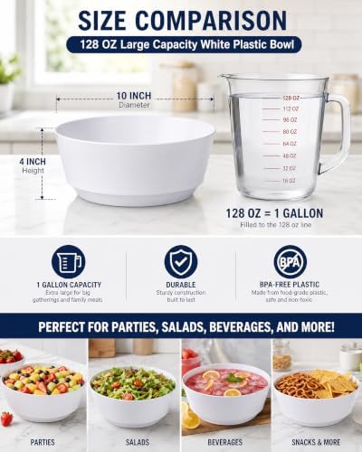 Hioasis 8 Pack 128oz White Plastic Serving Bowls for Party