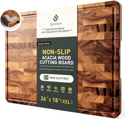 Large End Grain Cutting Board for Kitchen with Non-slip Feet, Acacia Wood
