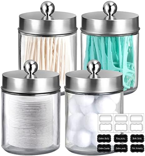 Amolliar Glass Apothecary Jar Qtip Holder Metal Lids 4pc/Brushed Nickel