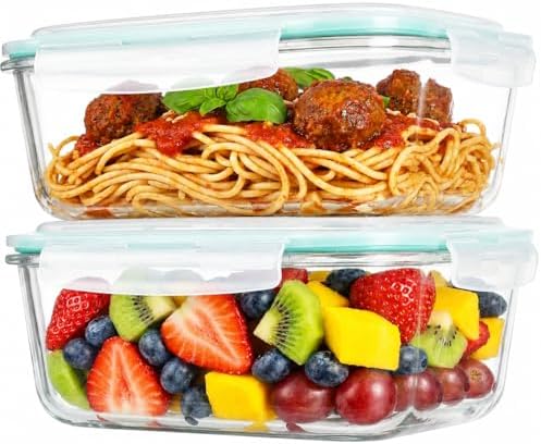 2 Pack 63oz Large Glass Storage Containers with Lids Big Meal Prep Food Container Set for Storing food, vegetables or fruits, BPA Free, Freezer Dishwasher Oven Safe