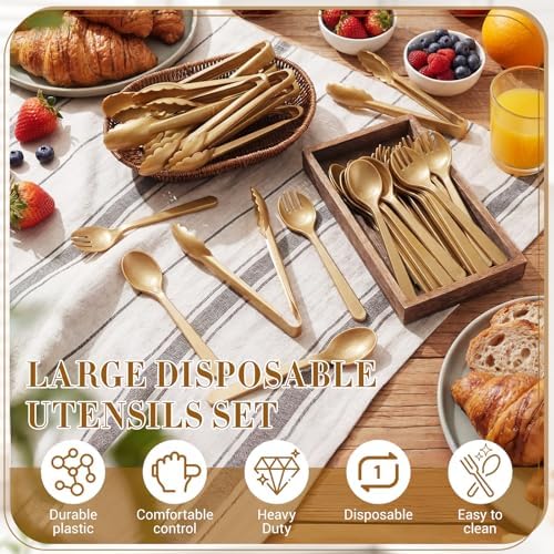 FoldTier 36 Pcs Disposable Plastic Serving Utensils Set Gold Serving Spoons Forks Tongs, Disposable Utensils for Party Weddings Birthday Dinner Buffets Banquets