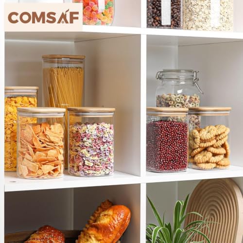 ComSaf Square Glass Containers with Lids 1.2 Qt, Set of 4 Pantry Glass Jars