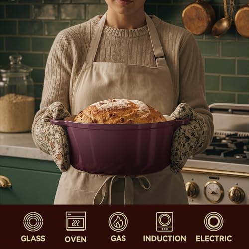Vintage Style 6 Quart Dutch Oven Pot with Lid, Non Stick Enameled Cast Iron Dutch Oven for Bread Baking, Heavy-Duty, Oven Safe Ceramic Cookware Up to 500°F for Baking, Braising, Stews, Roasting, Fig