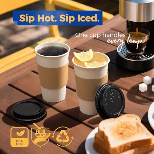 Fit Meal Prep 50 Pack 16 oz Disposable Coffee Cups with Lids, Sleeves, Leak-Proof To Go Coffee Cups with Lids, Durable Paper Cups for Hot Beverage, Home, Office, Party