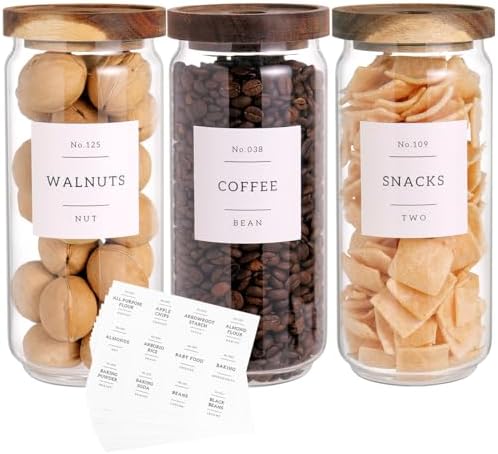 CZZGSM 3 Set Glass Pantry Storage Jars with Acacia Airtight Lid - 35oz Thicken Glass Kitchen Canisters with 132 Pantry Labels - Clear Food Storage Containers with Wood Lid for Tea,Sugar,Cookie,Pasta