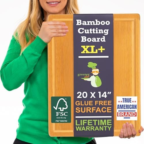 20 Inch Bamboo Wood Cutting Board Featuring Super-Sized Glue-Free Surface™ – Heavy Duty Butcher Block for Safe Meal Prep, Chopping & Carving with Lifetime Replacements - Rectangle