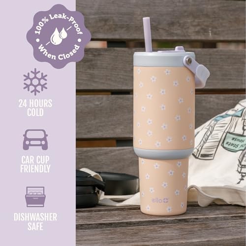 Ello Oasis Go+ 26oz Insulated Stainless Steel Tumbler with Straw, Daisies