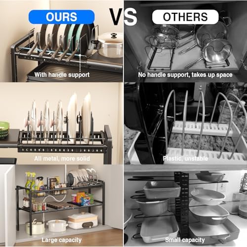 Mustorn Pots and Pans Organizer Under Cabinet, Expandable 2 Tier Under Sink Organizers Storage Adjustable Height Kitchen Pot and Pan Lid Holder Rack with 6 Dividers(4panels,2baskets,1 Pot rack,Black)
