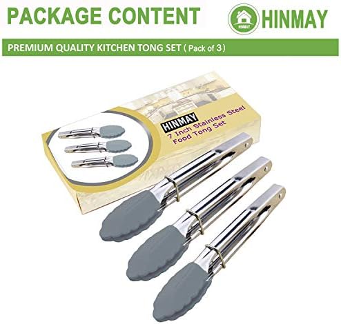 HINMAY 7 Inch Silicone Utility Tong Kitchen Tongs, Set of 3 (Gray)