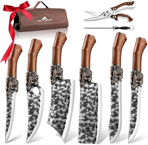 Purple Dragon 8 Pcs Japanese Chef Butcher Knife Set with Roll Bag
