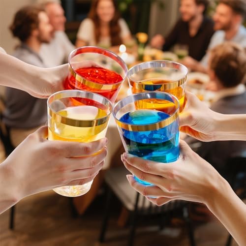 I00000 50 Pack 20 oz Gold Plastic Cups, Elegant Gold Rimmed Plastic Cups, Disposable Cocktail Glasses Wine Glasses, 20 oz Premium Tumblers Perfect for Birthday, Party & Wedding