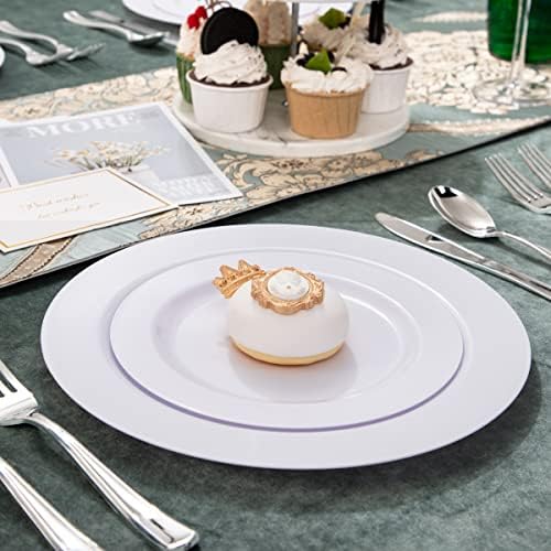 FLOWERCAT 100PCS White Plastic Plates-Heavy Duty White Disposable Plates for Christmas/Easter/Party/Wedding -Serve 50 guests 10.25inch & 7.5inch