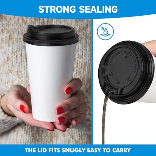 RACETOP Disposable Paper Coffee Cups with Lids 16 oz 100 Pack