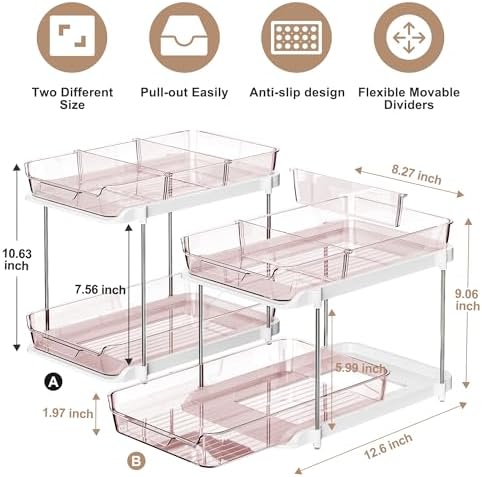 Delamu 2-Tier Multi-Purpose Bathroom Under Sink Organizers and Storage, Stackable Kitchen Pantry Organization, Pull Out Medicine Cabinet Organizer with Movable Dividers, Light Pink, 2 Pack
