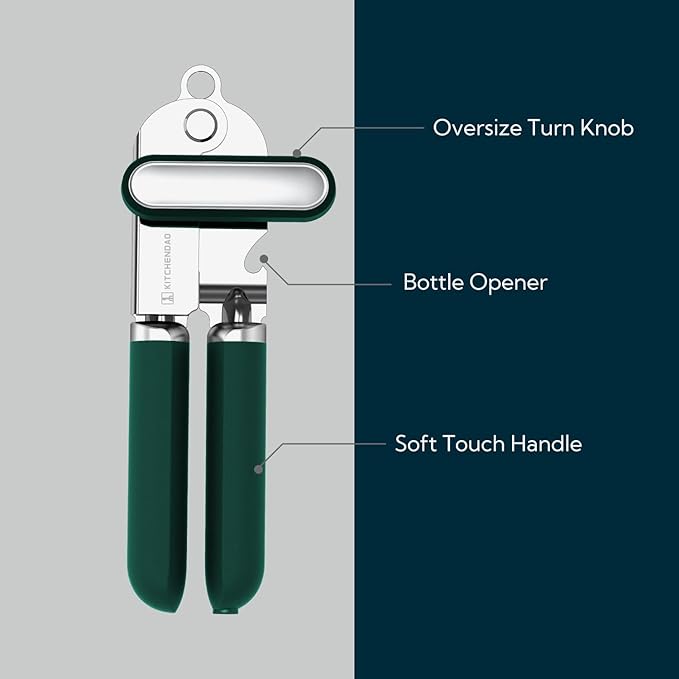 KITCHENDAO Manual Can Opener, Super Sharp Sandvik 12C27 Blade, Handheld Can Opener with Magnet, Smooth Edge Cut, Soft Grip, Oversized Knob for Seniors & Arthritis, Easy to Use, Green