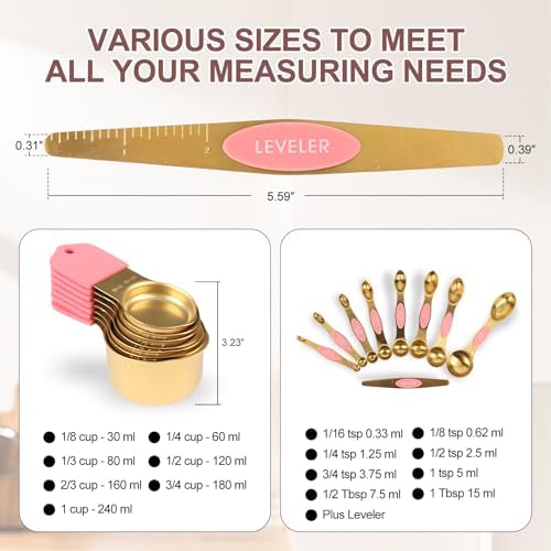 16-Piece Magnetic Measuring Cups & Spoons Set, Stainless Steel, Pink & Gold