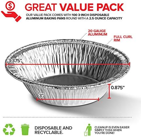 Stock Your Home 100 Count Aluminum Mini Pie Pans - 3 Inch Disposable Recyclable Foil Pie Tins for Bakeries, Cafes, Restaurants