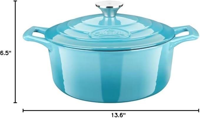 La Cuisine Enameled Cast Iron Dutch Oven Casserole Dish Pot with Lid, 5 QT 10.2" /26cm Dia. Internal Matt Black Enamel Coating for bread baking,Teal Enamel Finish Exterior, Oven Safe up to 500° F